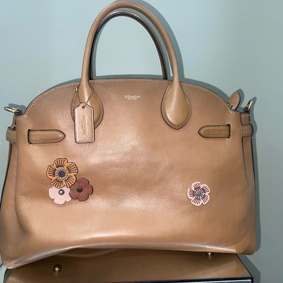 Coach Handbags - Coach Tan Shoulder Bag with Floral Accents